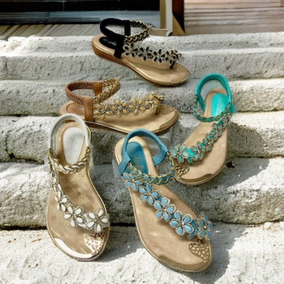 Italina Peach Floral Rhinestone Embellished Gold Woven Braid Flat Sandal - Picture 6 of 6